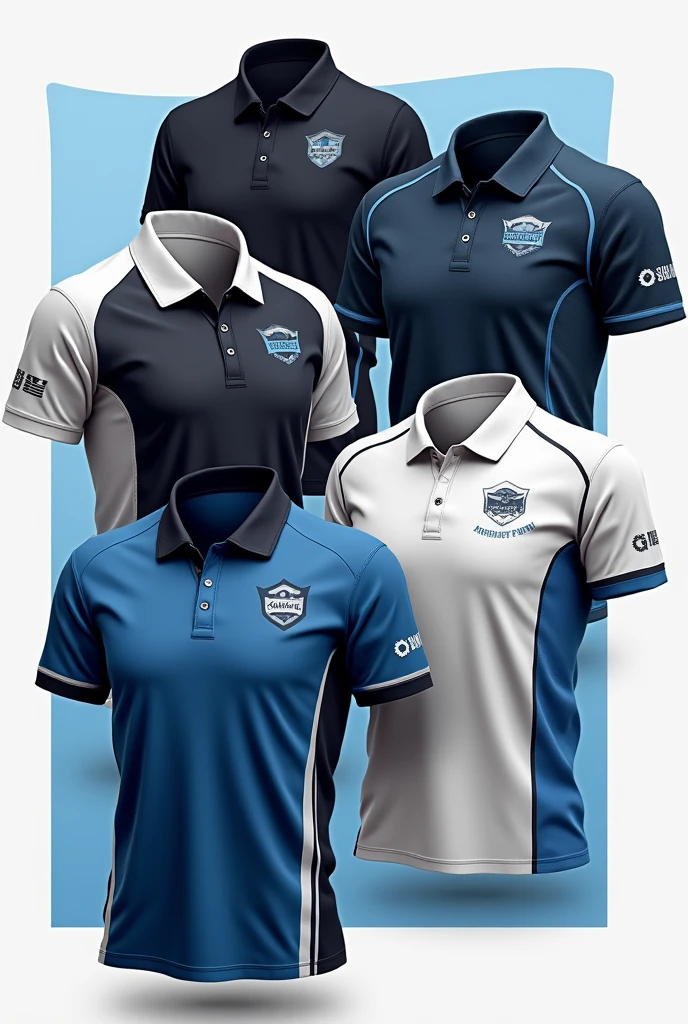 Make me a design of a poloshirt for mechanical engineering students with white, black, blue theme, right a caption at the back JUNIOR PHILIPPINE SOCEITY OF MECHANICAK ENGINEERS CAPITOL UNIVERSITY, put a family name as well and place it in a right place of the polo shirt, show the front, back and the side biews of the shirt, show the symbols as well
 Give me 5 options please