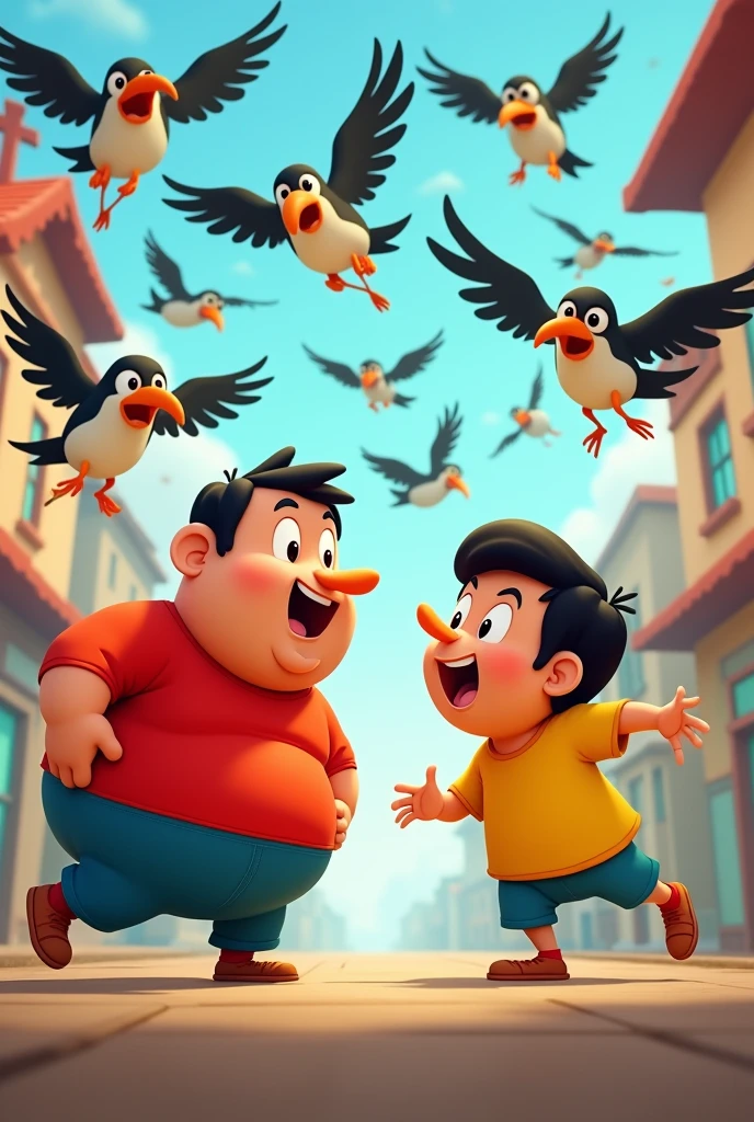Plzz create the image he show birds attack cartoon waly moto patlu cartoon waly Jo YouTube per lgaty hain motopatlu cartoon and moto patlu birds he is cartoon character Moto in red shirt and patlu in yellow shirt 
