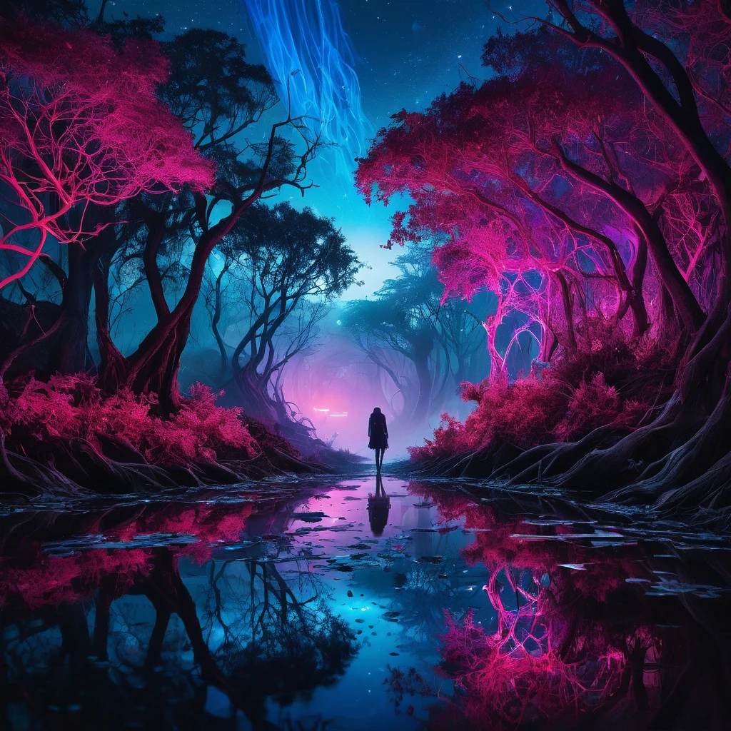 Capture an ethereal odyssey in a cyberpunk jungle where synthetic trees with glowing blue leaves meet a starry night sky. A figure walks among underbrush reflected in shattered mirrors, shards scattered like kaleidoscope of broken dreams. Wide-angled Hasselblad shot frames the scene with Fibonacci spiral, reality unraveling. Nocturnal creatures lurk in shadows, red-glowing eyes embers of hopelessness. River flows through twisted magenta trees, while a hunchbacked monkey peers from white mist veil, eyes fixed on distant horizon of doubt and uncertainty. Surreal color palette blends blues, reds, whites, magentas, purples evoking unease. Composition: natural vs synthetic, light vs dark, hope vs despair. Night disappears with ownerless sigh, whispers sound; no one owns