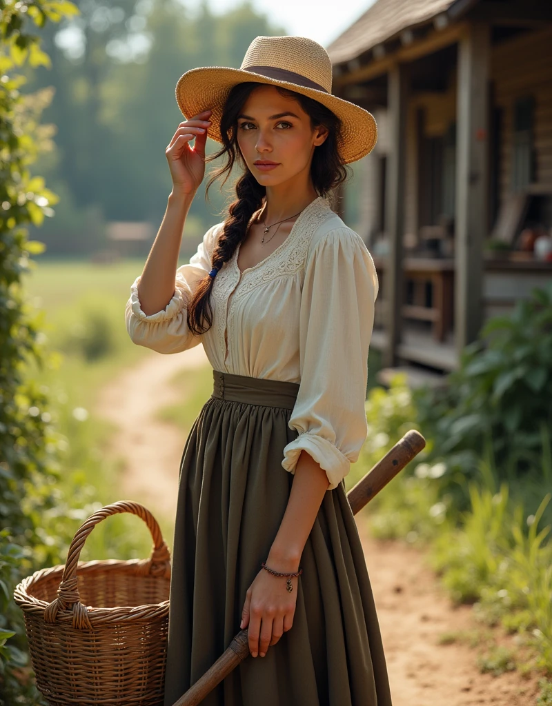 A beautiful woman dressed as a farmer in mid-19th century clothing stands on a farm, wiping sweat from her forehead with a handkerchief. She wears a light-colored blouse with rolled-up sleeves, a corseted bodice, and a long skirt, typical of the era. A wide-brimmed straw hat shades her face, and her expression is serene and composed. She is holding a wooden handle, possibly of a farming tool, and there is a wicker basket beside her, with a background of a rustic farmyard and wooden structures. The scene is set in a sunny, rural landscape with greenery in the distance
