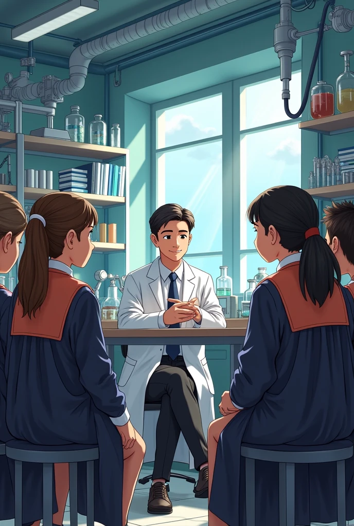 children students with gown, sitting around the teacher inside a laboratory paying attention to their teacher who is also wearing a lab coat
