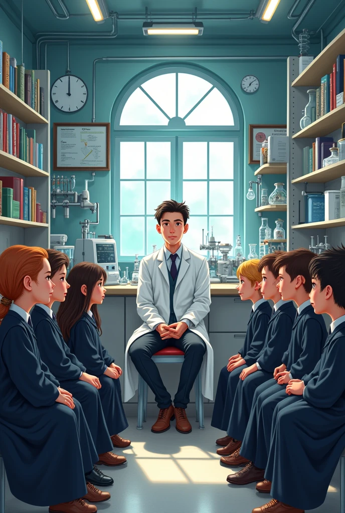 children students with gown, sitting around the teacher inside a laboratory paying attention to their teacher who is also wearing a lab coat
