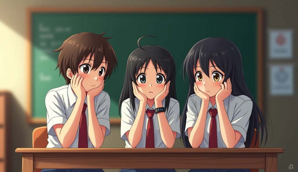 3 student ek table per class me bethe hai aur kuch soch rahe hai in anime image creat Indian environment