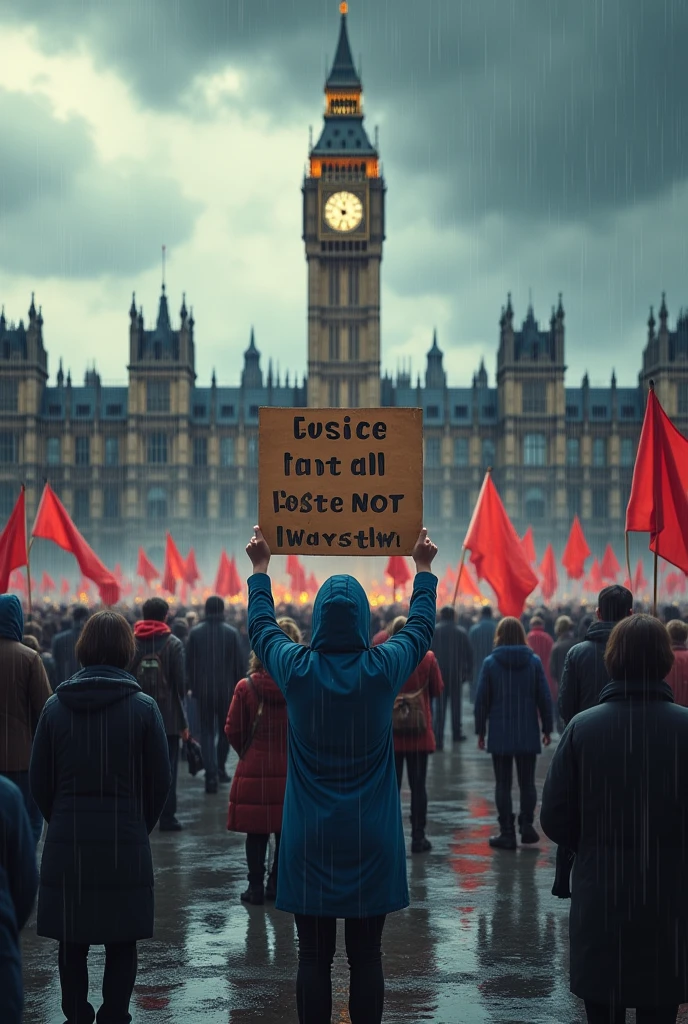 A demonstrator stands in the middle of a street full of people., holding a banner that reads &#39;Justice for All&#39;, not for his family&#39;. Behind, the parliament building is visible with its magnificent architecture, surrounded by fences and barricades. The sky above was dark gray, indicates cloudy weather, and some raindrops started to fall. There was a red and white flag flying among the crowd, reflect the national spirit. A tense atmosphere with an enthusiastic crowd, but there is also a sense of unity and struggle.