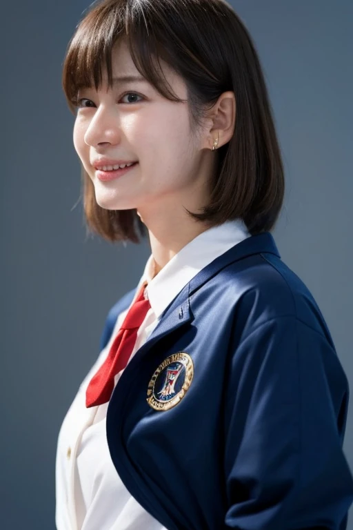 1 girl, (White shirt and red tie, Wearing a navy blue jacket:1.2), Very beautiful Japanese idol portraits, 
(RAW Photos, Highest quality), (Realistic, Realistic:1.4), (masterpiece), 
Very delicate and beautiful, Very detailed, 2k wallpaper, wonderful, finely, Very detailed CG Unity 8K 壁紙, Very detailed, High resolution, Soft Light, 
Beautiful detailed, Very detailed目と顔, Beautiful and sophisticated nose, finelyて美しい目, Cinema Lighting, 
(Simple light color background:1.3),
(short hair), (bangs), 
Complete Anatomy, Slender body, Small breasts, smile