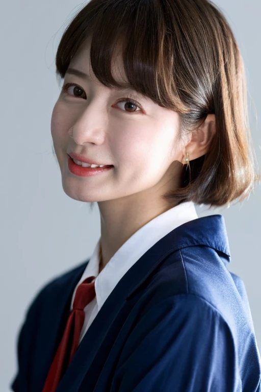 1 girl, (White shirt and red tie, Wearing a navy blue jacket:1.2), Very beautiful Japanese idol portraits, 
(RAW Photos, Highest quality), (Realistic, Realistic:1.4), (masterpiece), 
Very delicate and beautiful, Very detailed, 2k wallpaper, wonderful, finely, Very detailed CG Unity 8K 壁紙, Very detailed, High resolution, Soft Light, 
Beautiful detailed, Very detailed目と顔, Beautiful and sophisticated nose, finelyて美しい目, Cinema Lighting, 
(Simple light color background:1.3),
(short hair), (bangs), 
Complete ???????, Slender body, Small breasts, smile