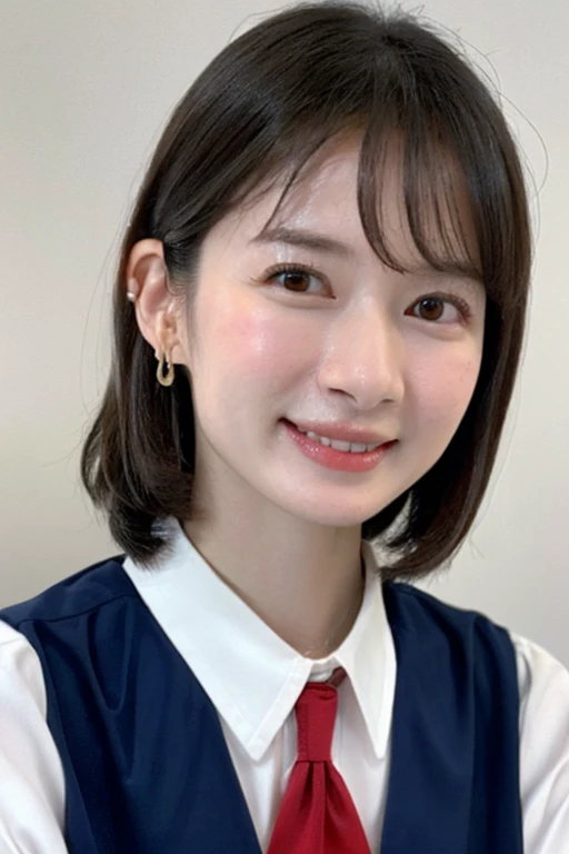 1 girl, (White shirt and red tie, Wearing a navy blue jacket:1.2), Very beautiful Japanese idol portraits,
(RAW Photos, Highest quality), (Realistic, Realistic:1.4), (masterpiece),
Very delicate and beautiful, Very detailed, 2k wallpaper, wonderful, finely, Very detailed CG Unity 8K 壁紙, Very detailed, High resolution, Soft Light,
Beautiful detailed, Very detailed目と顔, Beautiful and sophisticated nose, finelyて美しい目, Cinema Lighting,
(Simple light color background:1.3),
(short hair), (bangs),
Complete Anatomy, Slender body, Small breasts, smile