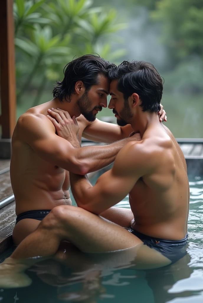 A group of Japanese men taking a bath in a hot spring!Handsome muscular beard !Japanese outdoor hot spring!Man in underwear sitting on bench,, 2 muscular attractive men, Muscular men entwined together, two muscular men, muscular bodies, gay art!