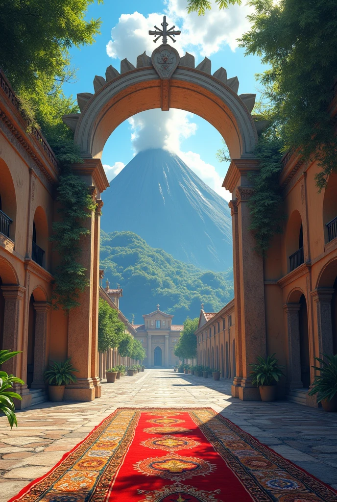 Create an image that contains the water volcano, The Arch of Santa Catalina in the center, A carpet under the arch of Santa Catalina, The hill of the cross on the right side is the church of La Merced in Antigua Guatemala and on the left side is the church of San Felipe