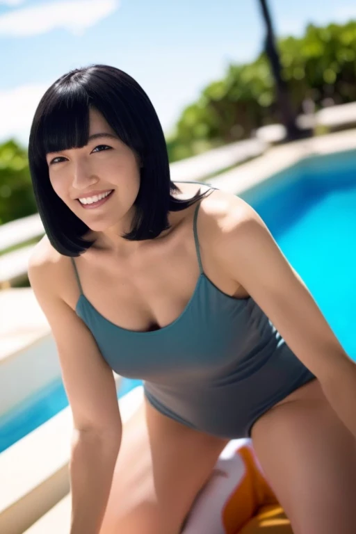 1girl, beautiful woman, yellow onepiece swimsuit, skinny, perfect body, defined abs, gold hair, standing in daytime pool room,  ultra-detailed face, beautiful eyes, beautiful lips, double eyelids, shy smile, trimmed bangs, sun-kissed skin, hint of pubic hair, (best quality, 8k, masterpiece:1.3), frontal and full-body shot, pussy line, front facing, open legs pubic hair