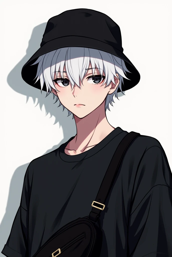 Male, 2d, anime, white hair, black shirt, black eyes, black crossbody bag, idol, black bucket hat