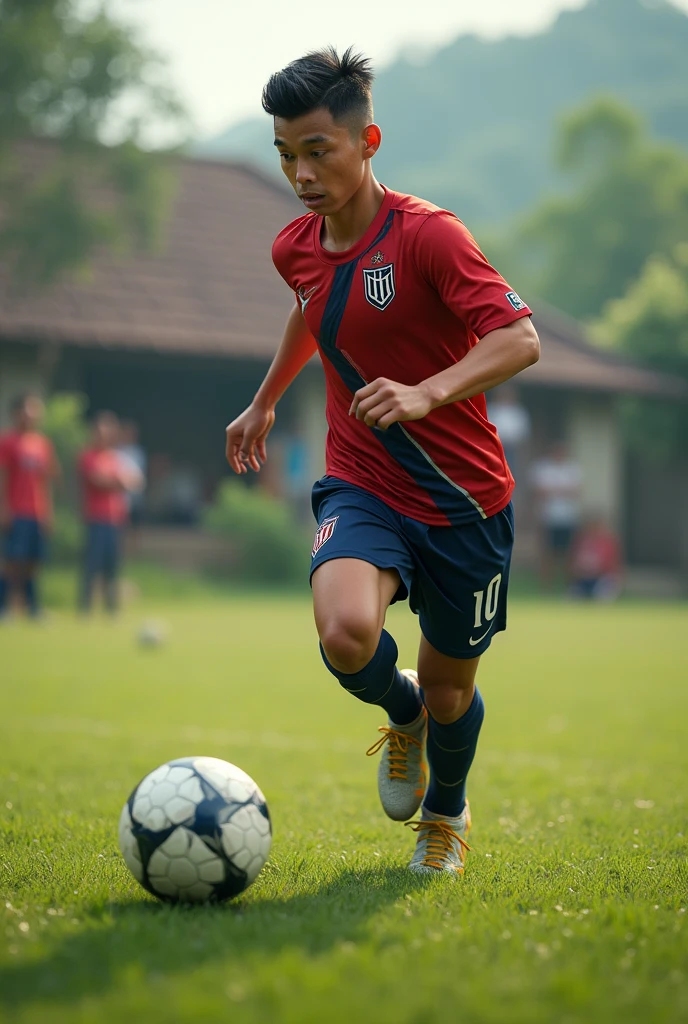 (photorealism) 18 year old Indonesian male ,haircut (short slicked back),Thin and short body (short) ,Playing soccer ,wearing a jersey , in the field in the Indonesian village
