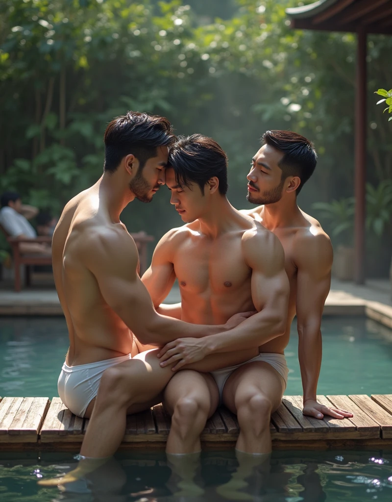 A group of Japanese men taking a bath in a hot spring！Handsome muscular beard ！Japanese outdoor hot spring！Man in underwear sitting on bench，, 2 muscular attractive men, Muscular men entwined together, two muscular men, muscular bodies, gay art!