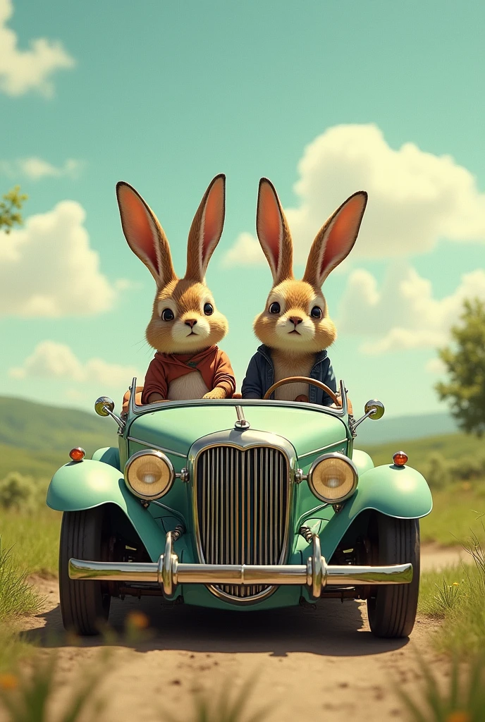 Hares are riding on a retro car, rabbits