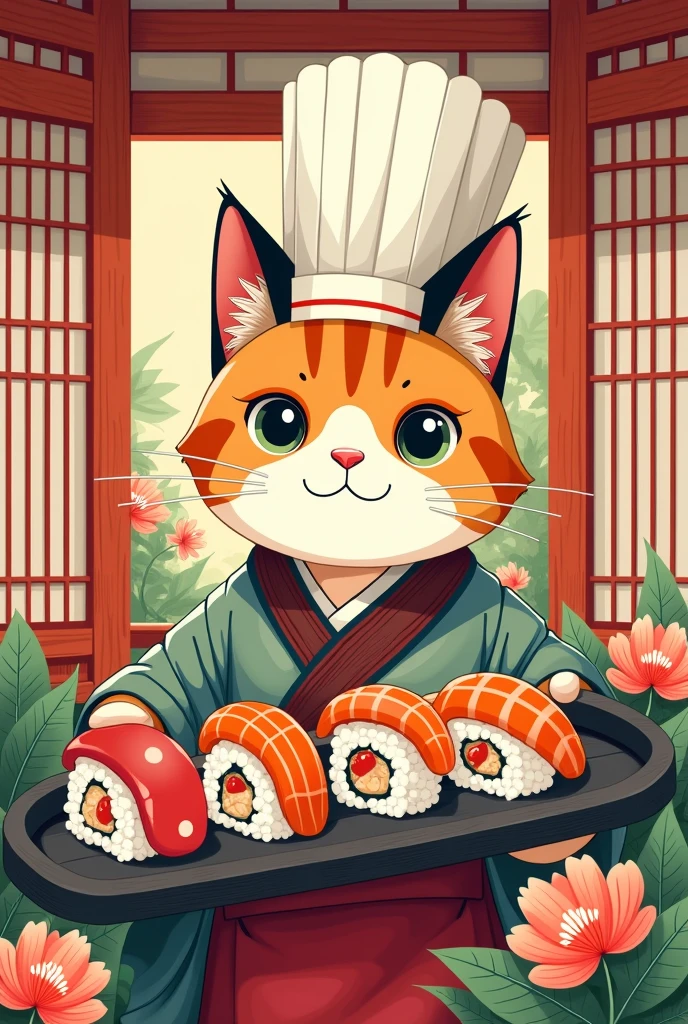  a poster for a sushi bar with a cat  with chef holding a sushi, japanese inspired poster, poster illustration, by Sugimura Jihei, by Nishida Shun'ei, japanese cartoon style, inspired by Takehisa Yumeji, japan poster, by Gusukuma Seihō, by Kamisaka Sekka, cat theme banner