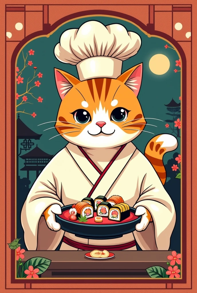a poster for a sushi bar with a cat with chef holding a sushi, japanese inspired poster, poster illustration, by Sugimura Jihei, by Nishida Shun'ei, japanese cartoon style, inspired by Takehisa Yumeji, japan poster, by Gusukuma Seihō, by Kamisaka Sekka, cat theme banner