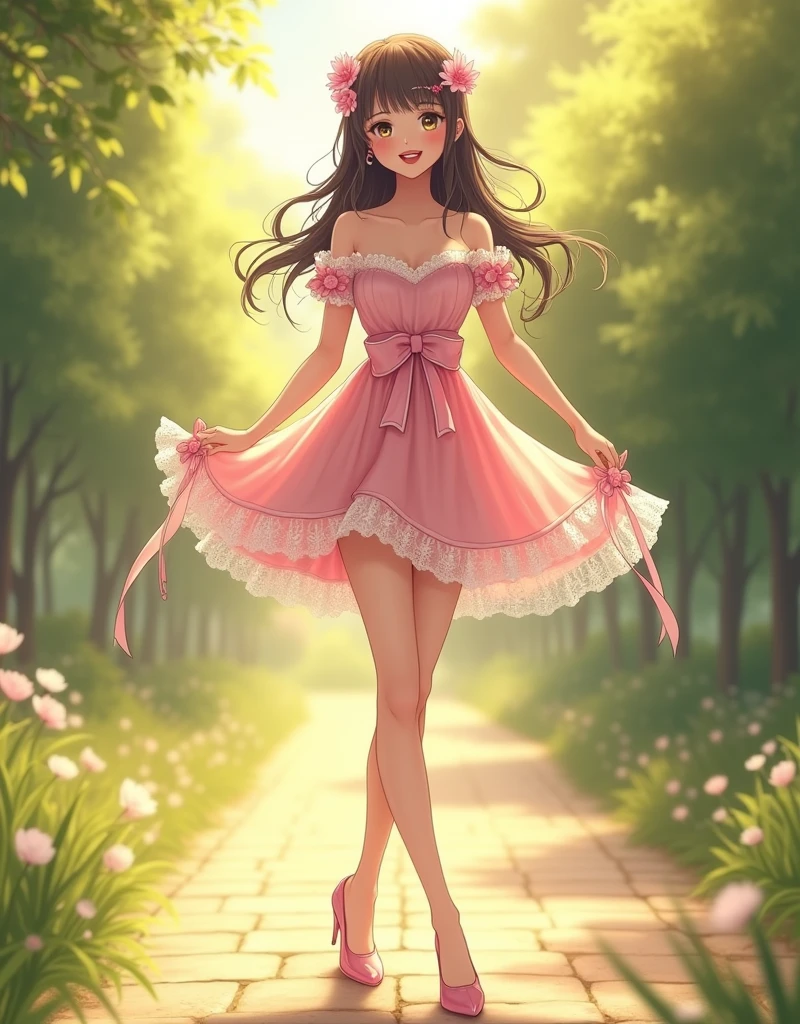 Ultra high quality,High heel,Long legs,Smile,Sunlight,Lace off-the-shoulder,Pink skirt,Wear flowers on your head,student,charming,Ribbon