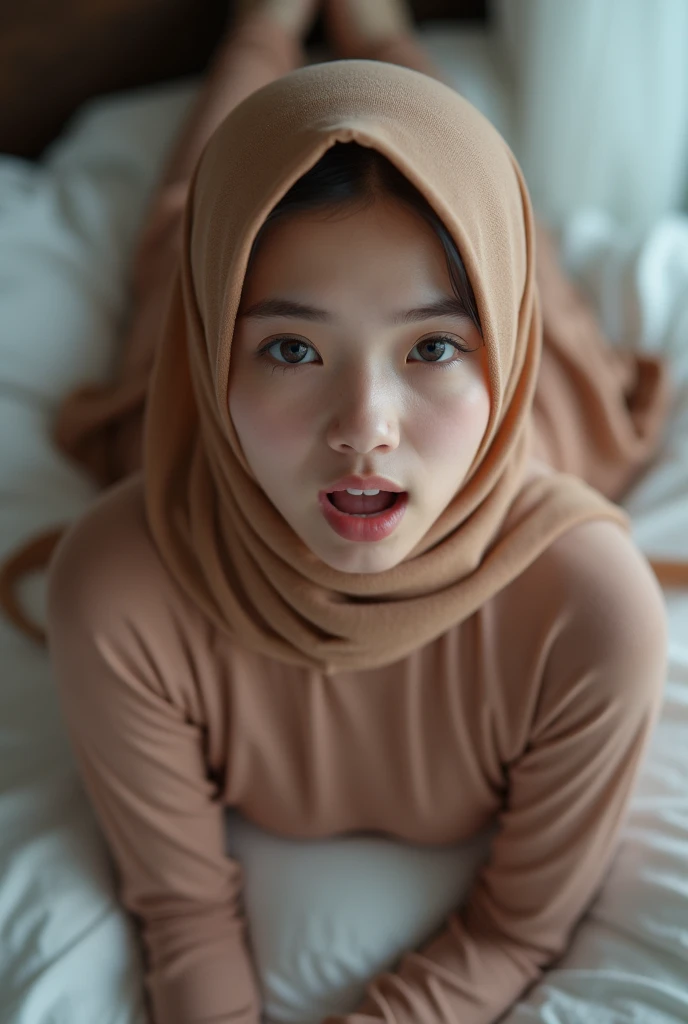 NSFW (masterpiece, top quality, best quality, extreme detailed, colorful, highest detailed, Dreamy Atmosphere, Bright color, real photo, real skin. Hyper realistic, 1girl, Malaysian young girl, ((wearing hijab)) , looking sharp to the viewer, making orgasm face, making horny face, detailed skin, city street background, slender body, (lie down) (lie down on back) above view on a hotel's bed, ((spreading legs, M-legs position:1.5)), showing vagina, morning time, small breasts. She's naked, freely pose, soft front studio lighting, whole full body