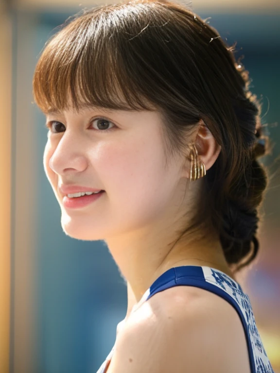 Royal blue and white one piece swimsuit, (Photorealistic:1.4), (hyper Realistic:1.4), (Realistic:1.3), (Smooth lighting:1.05), (Improve the quality of your video lighting:0.9), 1 female, 26-year-old female, Realistic lighting, Backlight, Facial Light, Ray Tracing, (Cheerfulness:1.2), (Improved image quality:1.4), (High-quality realistic textured skinny eyeshadow, Small face, Red cheeks, Slender body, Big Breasts,9 heads,Beautiful legs,Pointed jaws, Japanese Idols, Nogizaka Idol, Glowing Skin, Fiery idol pose, By the pool, Blunt bangs, Light brown hair, Hair behind the ear, Shoulder hair, Medium Hair、Shiny, oily skin