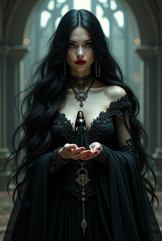 Girl totally naked,Black long hair，Black Queen，accessories，tiny girl in hand，Witch Queen，Red lipstick