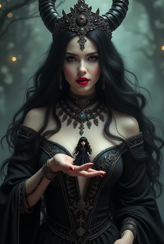 Girl totally naked,Black long hair,Black Queen,accessories,tiny girl in hand,Witch Queen,Red lipstick
