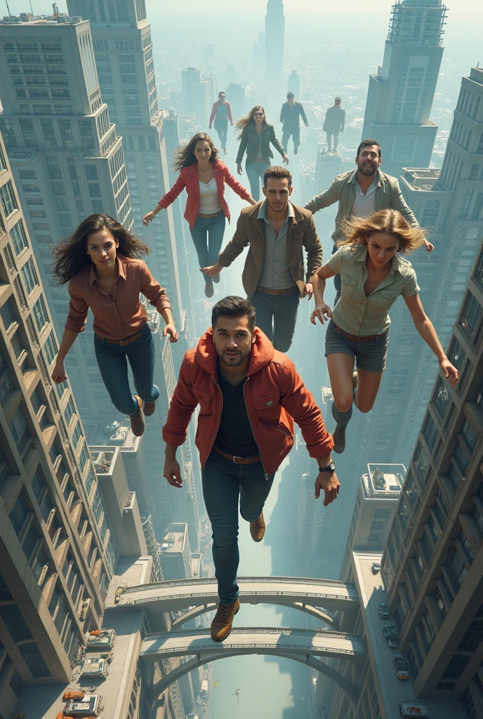 Create a group of men and women flying upwards in a city