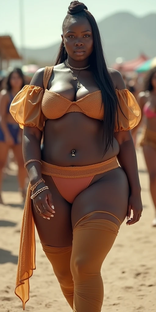 impossibly small tiny waist abs waistline, MASSIVE HIPS thighs, tiny waist:2, MASSIVE BUTTOCKS, UHD, She's a dark skin melanin Goddess, DSLR, translucent (tan plastic) high leg warmers, translucent (puffy intricate) gradient sleeves, festival sidewalk, mauve scarf + skirt + garters, expressive pose, infinitely smallest waist, tiny paper-thin waistline, very long mohawk fade, RAW footage, no nudity skin