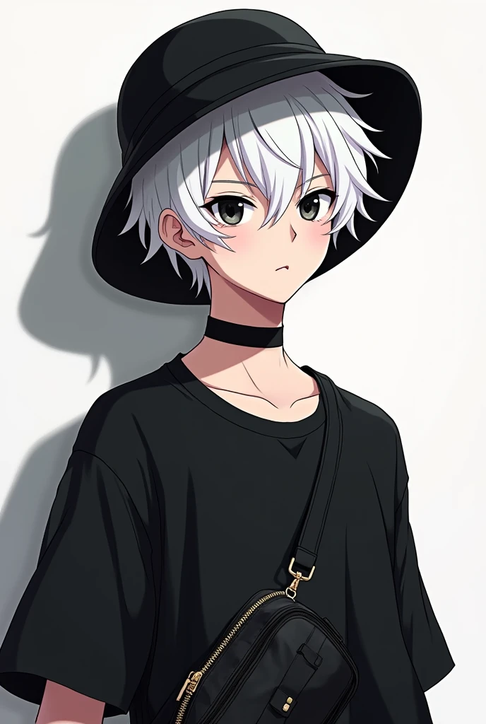 Male, 2d, anime, white hair, black shirt, black eyes, black crossbody bag, idol, black bucket hat