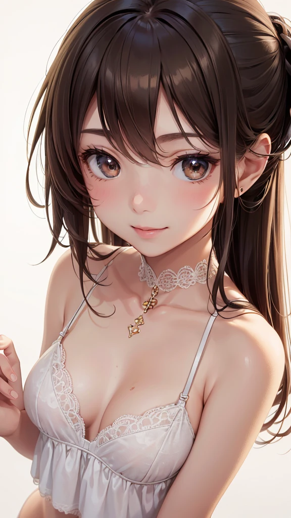 Best Quality,High resolution,8k,(plain white background, no patterns, no textures, just a plain white background:1.3),Masterpiece:1.2),beautiful girl,Big Breasts,(Shiny brown hair:1.3),messy hair,Beautiful brown eyes,A set of lingerie featuring intricate lace detailing(black color). The bra has delicate lace trim along the edges with a floral or geometric pattern, and adjustable straps with small, refined accents. The panties are designed with matching lace, featuring a soft, breathable fabric with a touch of elegance. The color scheme is sophisticated, such as soft pastels or classic black with subtle touches of gold or silver,Gentle look,A refreshing look,smile,Best quality,Best Quality,Aesthetic and aesthetic:1.2,Best details((Super detailed))(High-definition CG illustrations),Slender body,smile,blush,cute,Scrounge,Looking up,Being spoiled,wariza