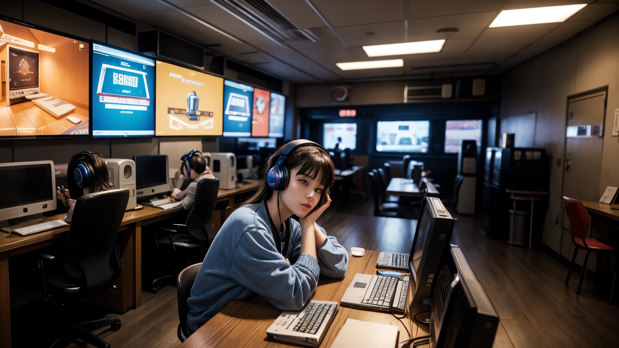 Create a anime scene of a cozy, retro cyber café from the 90s or early 2000s. The café is filled with old-school computers, neon signs, and warm lighting. A young person is sitting at a computer with headphones on, surrounded by the glow of screens and soft shadows. The atmosphere should be nostalgic and inviting, with rich details and a comforting, relaxed vibe