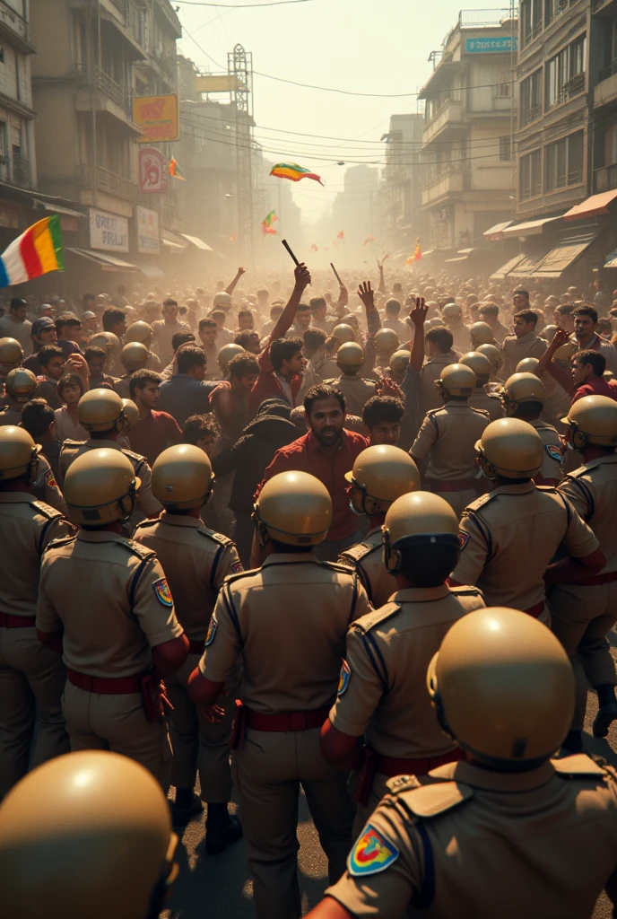Indian bengali crowd breaking police barricades beatan by police