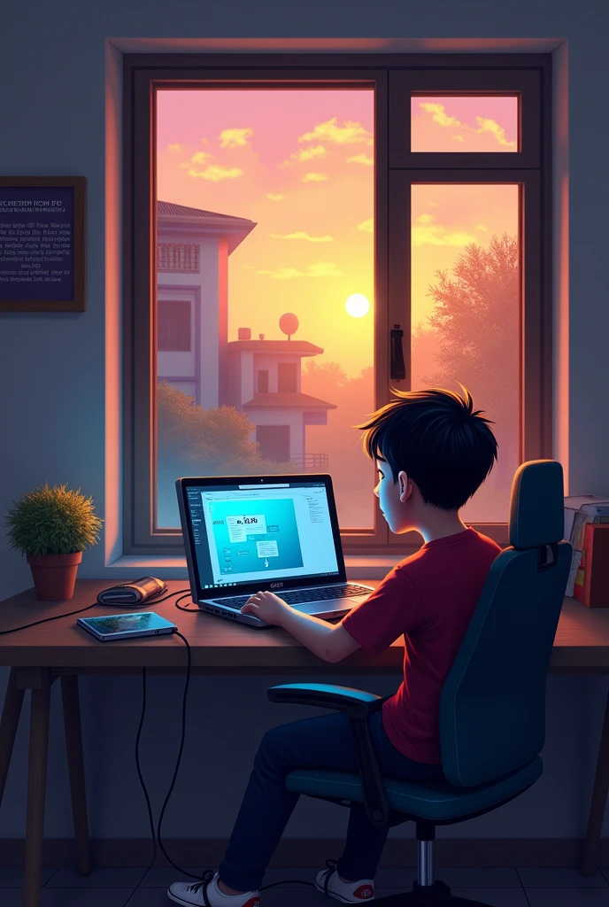 There is a boy who is sitting in front of the laptop, he has a complete laptop set-up in the room, the software called creo is running on his laptop and the name K B T COLLEGE OF ENGINEERING NASHIK is written on wall and there is a big building and sunset going on outside