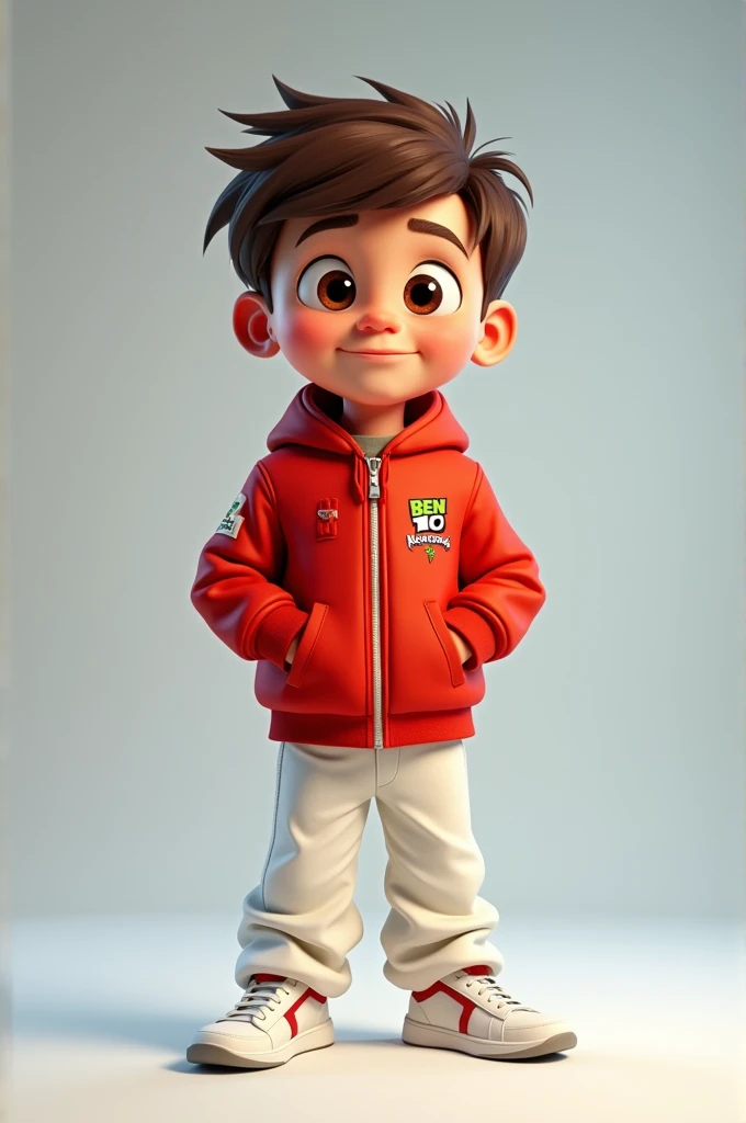 A cartoon boy. Red Ben 10 jackets.white pant.white shoes.background ninetell foz by name alvi