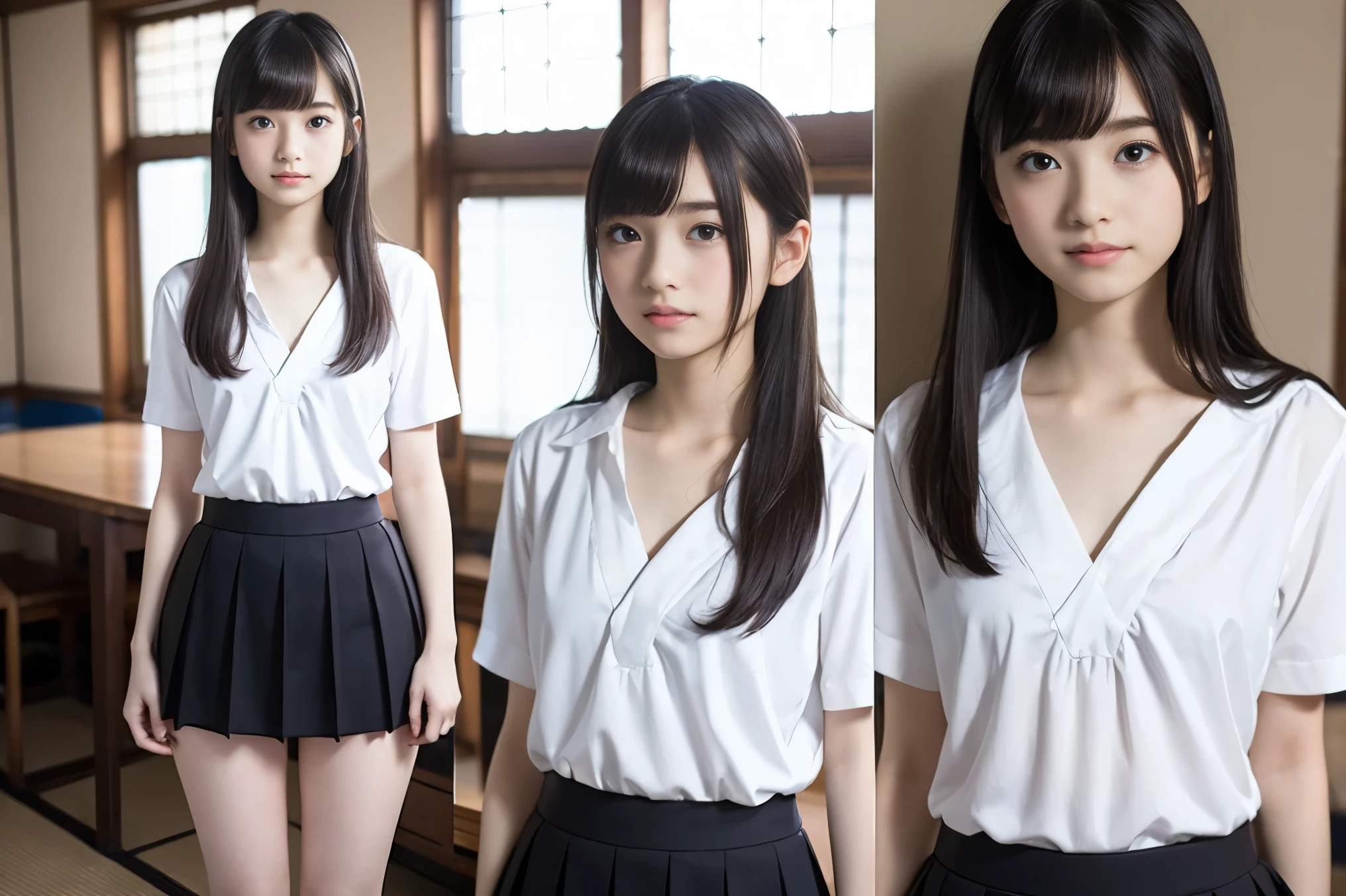 High resolution、High resolution、In 8K、RAW Photos、Highest quality、masterpiece、18-year-old girl, (Flat chest like:1.2), ((Skinny body:1.2)), Wavy Hair,, Anatomically correct、bangs、Waist、thigh、Japanese high school uniform