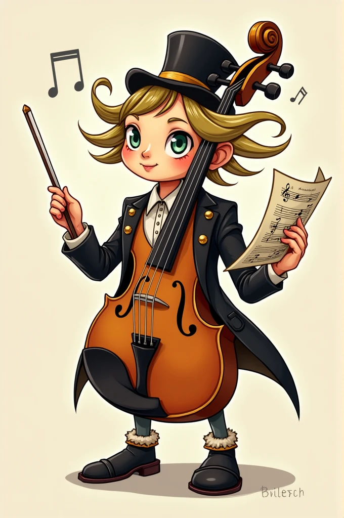 Tonico is a little maestro, metade humano, half instrument. Its lower part is a violin body, but with arms and legs, while the upper part has a friendly and expressive face, with hair that resembles guitar or piano strings. He holds a baton in one hand and a sheet of music in the other., always ready to teach or play a new melody. His outfit is a mix of black and gold colors and he wears a stylized hat., like those of orchestra musicians
