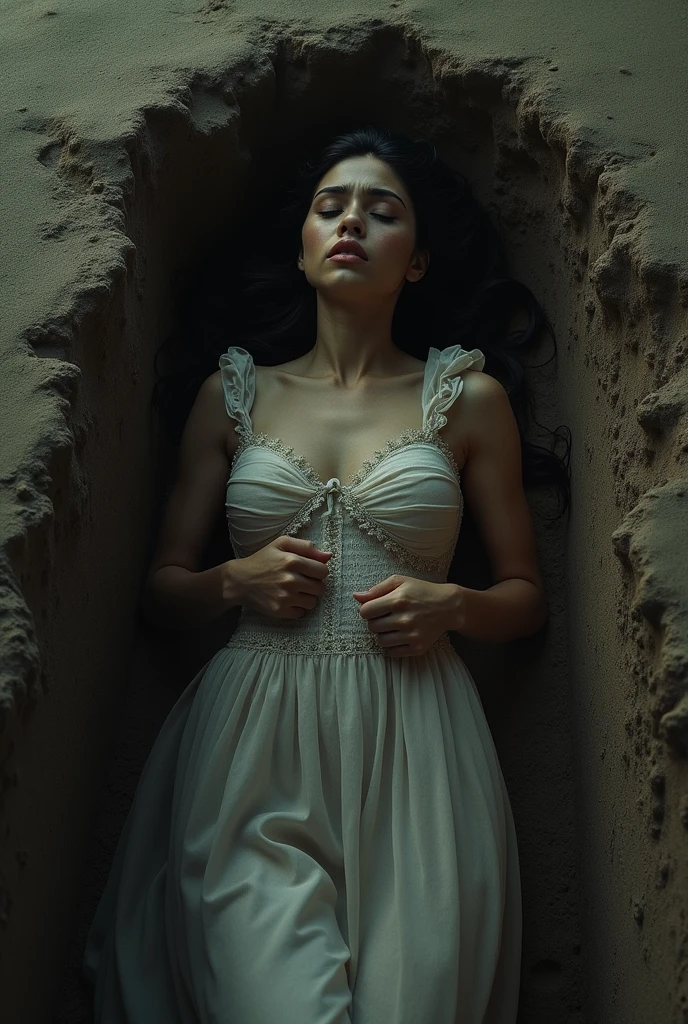 Pretty Mexican woman with angry look and resentment dead in a grave buried dead