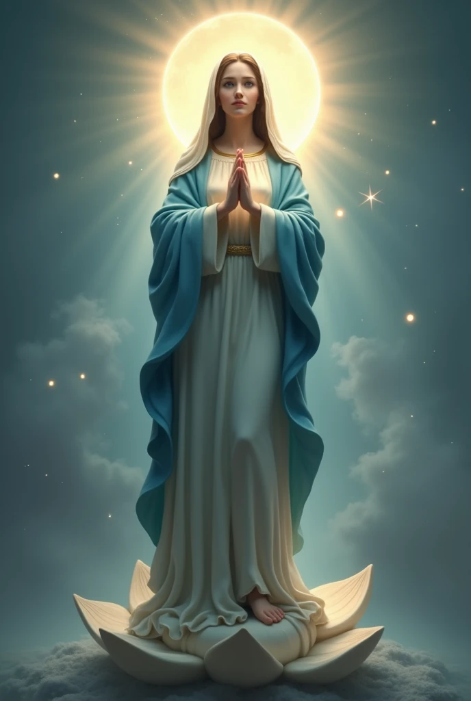 Virgin Mary in Blue,Moon pedal foot,on the head crown shining light