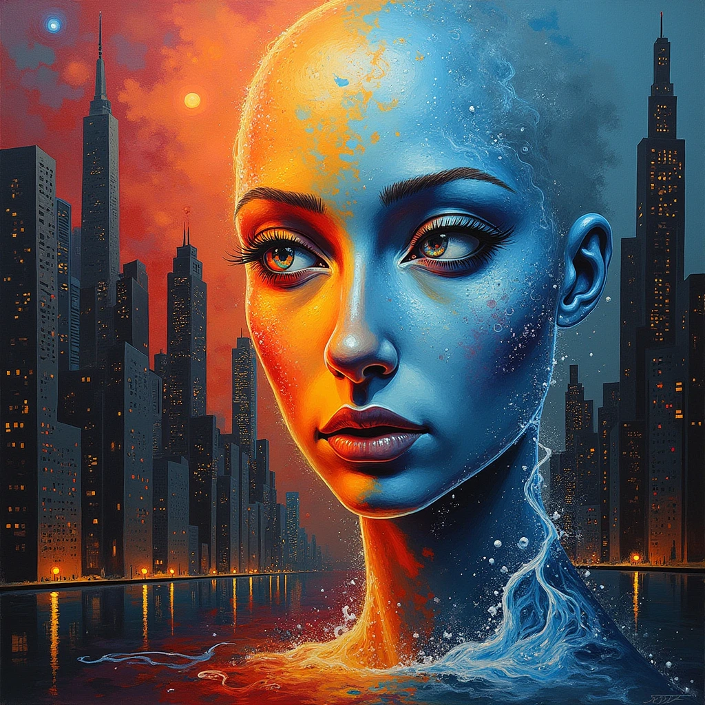 abstract face in a cityscape, a photorealist painting by Mark English , [:anime line art:0.2], celestial and themed Heat and Thunder and Water, epic art , auto-destructive art, , abstrato