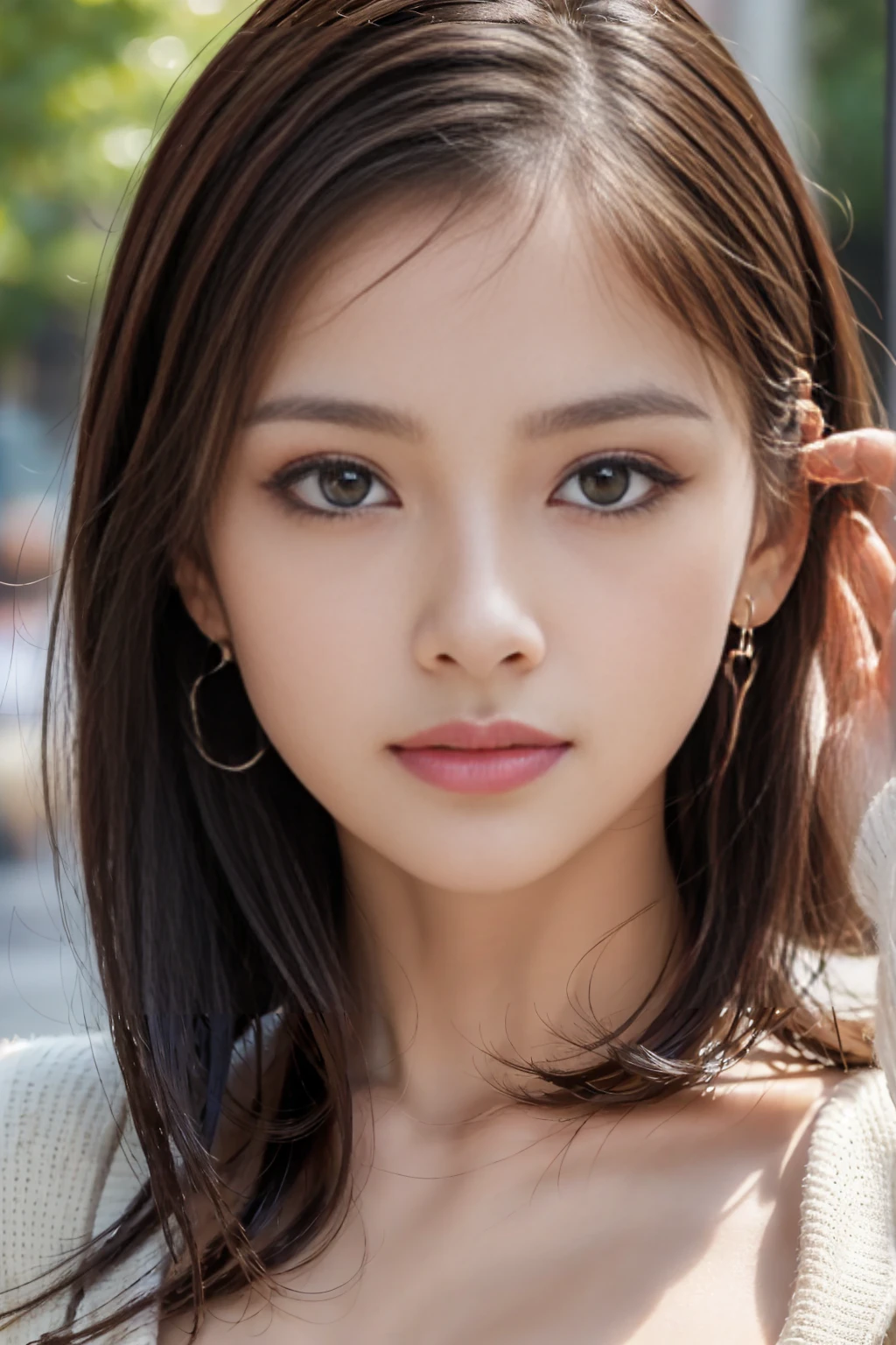 (masterpiece:1.1)，(Photorealistic:1.5)，(Highest quality:1.2)，(Highest quality)，(Ultra high definition:1.2)，RAW Photos，Tabletop，Very cute girl，Amazingly cute face，Ultra-detailed face，Detailed eyes，Beautiful Eyes，Long eyelashes，double eyelid，Perfect balance，Large Breasts，looking at the camera，Textured skin，Beautiful Skin，Earrings，Natural Lip，light makeup，Very Short Bob，(A knit with an open neckline)，(hand up, hair tucking, hand in hair, adjusting hair)，Tuck hair behind ears