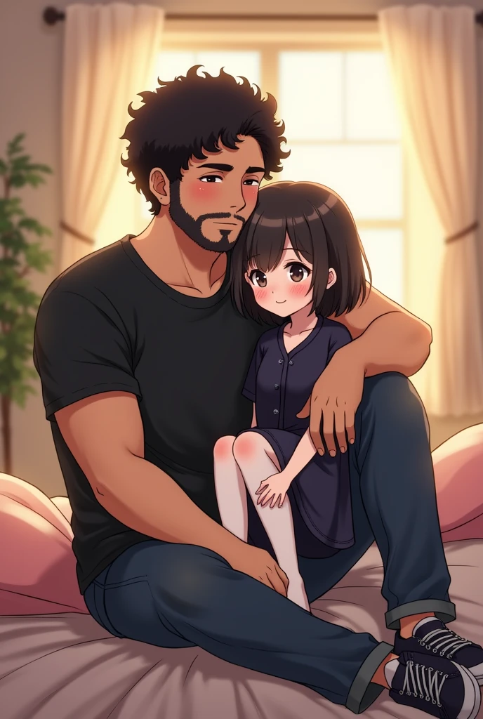 Clear, Here I leave you the adjusted description:
--- A tall, burly man is sitting on a bed with a relaxed posture. Her dark curly hair falls in loose curls over her forehead., and his short beard frames his face with an air of maturity. He is wearing a black t-shirt that fits comfortably on his body., paired with a pair of dark sneakers that complement her casual style.
Sitting on his legs, There is a man of slightly shorter stature, but not significantly smaller. He has a slim build and a posture that reflects confidence and comfort in the situation.. Her hair is straight and medium length., falling gently around her face. Her fair skin is highlighted by a slight blush on her cheeks., showing an expression of genuine happiness. He is dressed in a dark blue nightgown, slightly loose, which is perfectly combined with a black skirt that falls gently over her thighs. Her legs are covered with white tights, adding a touch of contrast to your outfit.
The atmosphere of the room is intimate and cozy, reflecting the close connection between the two men.
**chibi anime style:** The scene is depicted in a chibi style., which means the characters have adorable proportions, but in this case, not so exaggeratedly small. The tallest man maintains his robust presence, although its head is slightly larger in proportion to the body, with large, bright eyes that reflect a protective and serene expression. The other man, although just a little lower, He also has big eyes that convey joy and a slight shyness., accompanied by a blush that spreads across her cheeks. The details of their outfits and hair are simplified., maintaining the essence and cartoonish style but without losing the essence of its real proportions. The bed and the