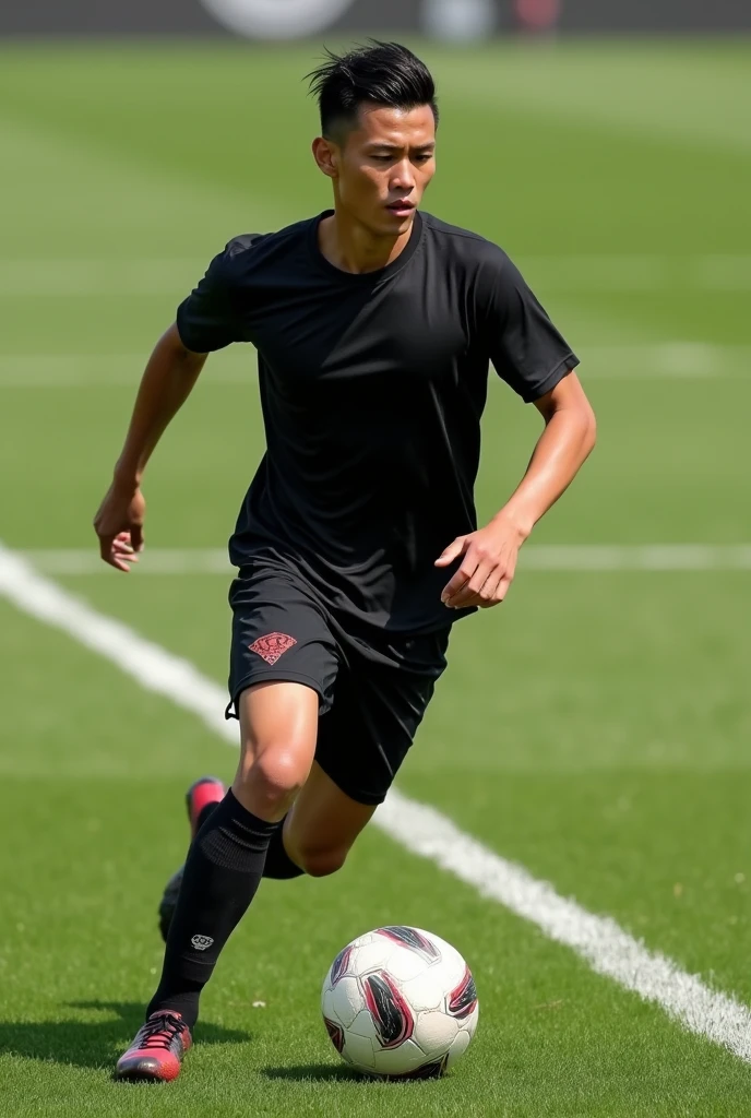 (photorealism) 18 year old Indonesian male ,haircut (short slicked back),Thin and short body (short) ,Playing soccer ,wearing a black jersey , on the ball field
