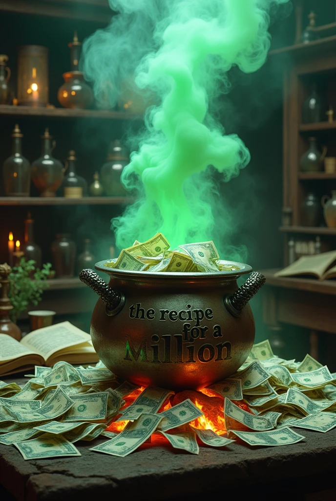 Imagine an aged metal cauldron, placed on a crackling fire in a sorcerer's apprentice laboratory. The cauldron is overflowing with banknotes, which cascade around him. On the surface of the cauldron, The sentence "The recipe for a million" is engraved in a visible and legible manner, giving the cauldron a mysterious aura. Thick green smoke billows from the cauldron, mingling with the other strange objects in the laboratory : potions, open grimoires, and various magical instruments. The whole thing is bathed in a subdued and mysterious light., adding a touch of adventure and magic to the scene.