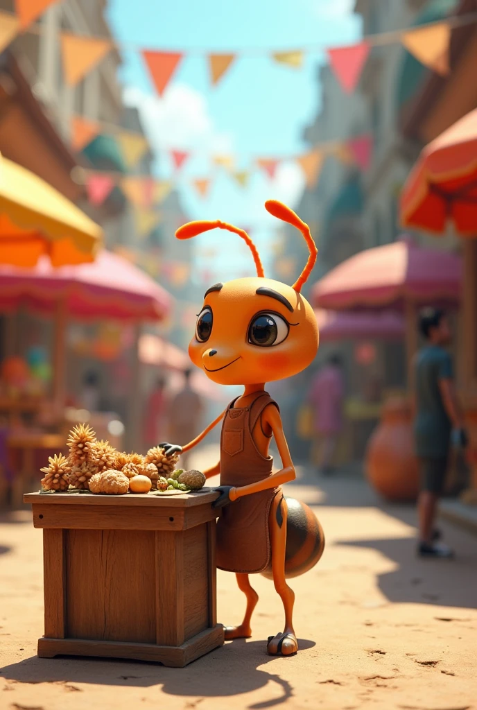 Animated ant at a stall selling