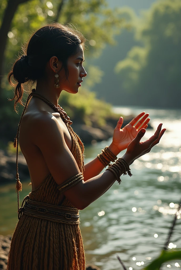 Understand the message. Points to the nearby river, signaling that this is the main resource for subsistence of their tribe, showing hands in the shape of fish to indicate fishing.
