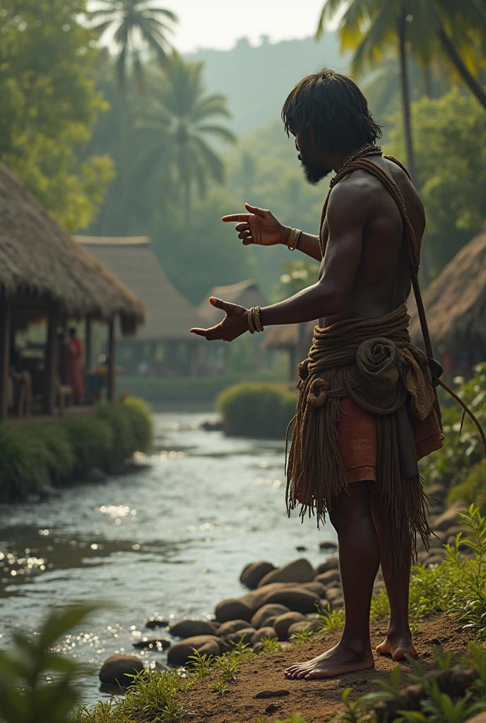 Understand the message. Points to the nearby river, signaling that this is the main resource for subsistence of their tribe, showing hands in the shape of fish to indicate fishing.