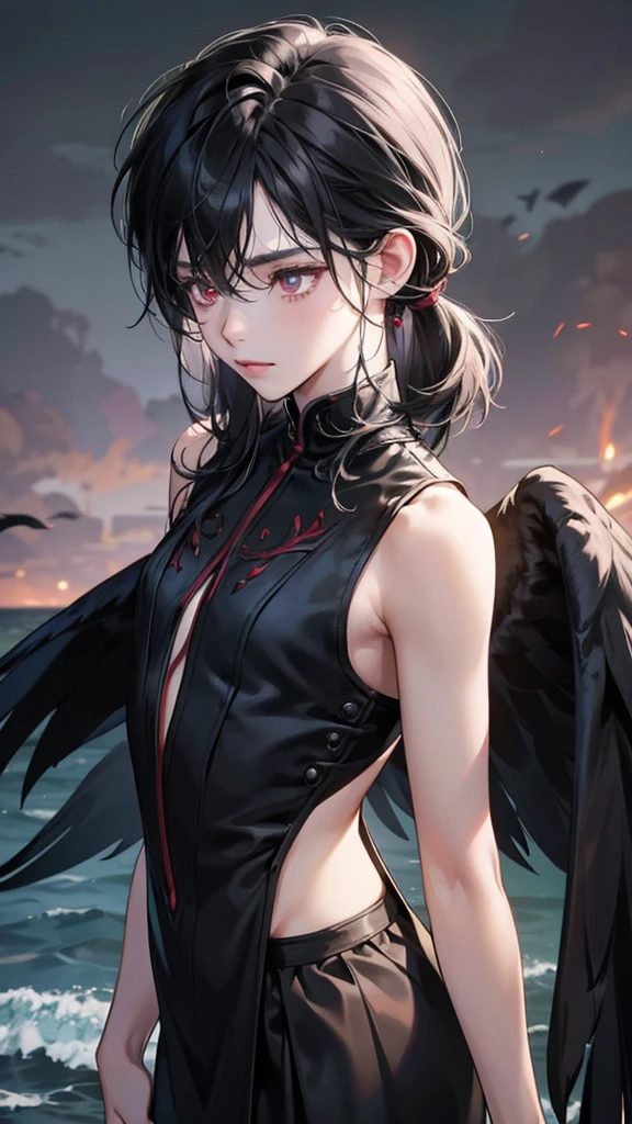 NSFW, short boy, feminine small shotacon, holding crow pet, small fragile body, black fur-lined clothes hanging on the shoulder, little to no clothes (showing core body), black hair, very messy mullet hair, bangs, shining crimson eyes, masterpiece, 8k, photorealistic, chiaroscuro lighting, dramatic shadows, cinematic composition, coast background, wearing black short, sharp black nails