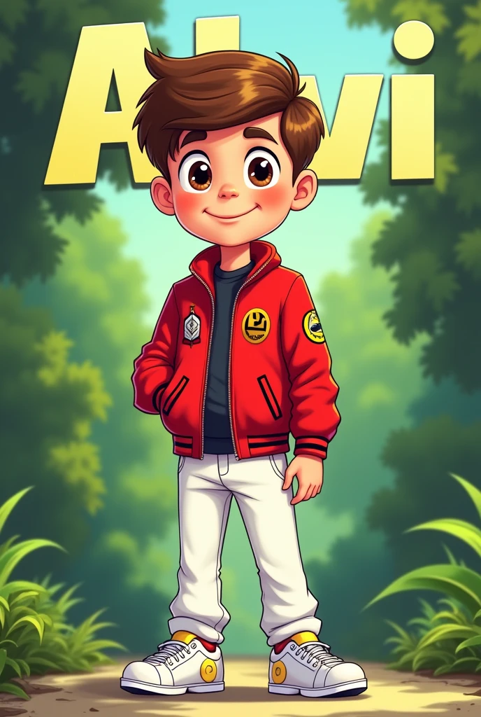 A cartoon boy. Red Ben 10 jackets.white pant.white shoes.background ninet ell foxby name alvi