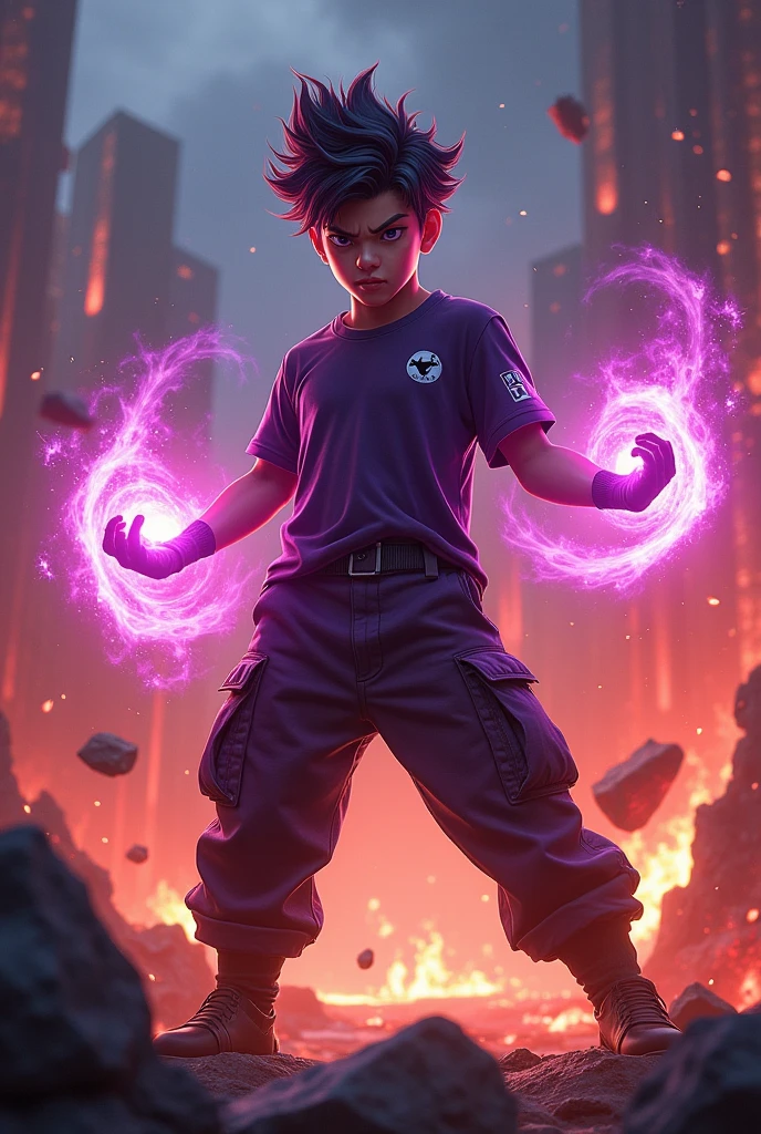 a man real teenage 14 year old chinese man.(purple glasses) sharp eyes. Anger face. Open mouth. . wearing an (dark purple ) future shirt . anger face.wavy hairstyle purple. Dramatic.. stand on lava ,(dark purple)cargo pant,, detailed face, cinematic lighting, dramatic atmosphere,.hot day. vibrant colors, 8k, high quality, photorealistic. Hero suit.shadow power dark power from his hand. Glowing magic element shadow elment from hand, ember everywhere . Glowing dark purple, shadow logo design on pant . Very strong. Future design dress. Very epic. Very hot background.. dark sky. Very strong . fire very strong . Flying burn dry leave everywhere..Shadow Imitation sharp shape power from hand .rasengan . at volcano Damage building. Floating small rock everywhere. kamehameha