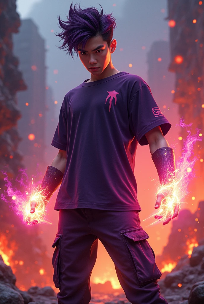 a man real  chinese man.(purple glasses) sharp eyes. Anger face. Open mouth. . wearing an (dark purple ) future shirt . anger face.wavy hairstyle purple. Dramatic.. stand on lava ,(dark purple)cargo pant,, detailed face, cinematic lighting, dramatic atmosphere,.hot day. vibrant colors, 8k, high quality, photorealistic. Hero suit.shadow power dark power from his hand. Glowing magic element shadow elment from hand, ember everywhere . Glowing dark purple, shadow logo design on pant . Very strong. Future design dress. Very epic. Very hot background.. dark sky. Very strong . fire very strong . Flying burn dry leave everywhere..Shadow Imitation sharp shape power from hand .rasengan . at volcano Damage building. Floating small rock everywhere. kamehameha
