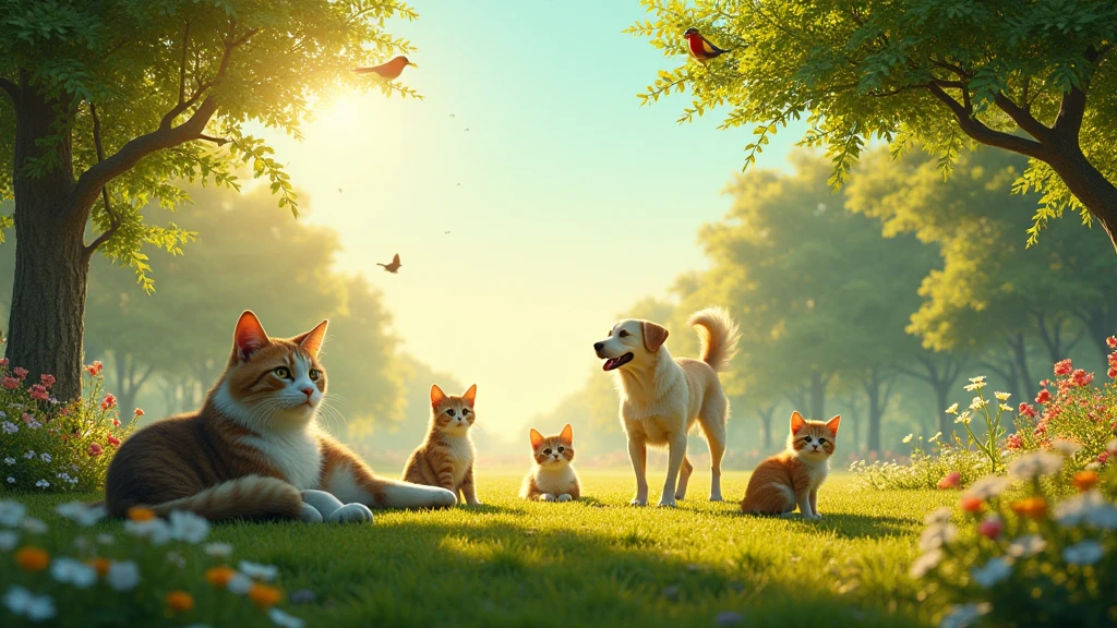 large-scale outdoor scene designed for a 9ft by 6ft wall display at an animal clinic reception. The scene captures a group of (((ultra-realistic))) and (((highly detailed))) cats, dogs, green park during a serene morning. The animals interact naturally—cats basking in the gentle morning sunlight, dogs joyfully playing together, and birds perched gracefully on tree branches. The lighting perfectly captures the soft, golden hues of dawn, with every feature of the animals—eyes, ears, noses, fur, feathers, and limbs—rendered with absolute precision and lifelike accuracy. The background is filled with vibrant flowers, tall trees, and a clear blue sky, creating a peaceful, welcoming atmosphere. The image is sharp, hyper-realistic, and produced in ultra-high-definition quality, ensuring every detail stands out on the large wall display., UHD, masterpiece, accurate, anatomically correct, super detail, high details, high quality, award winning, best quality, highres, 1080P, HD